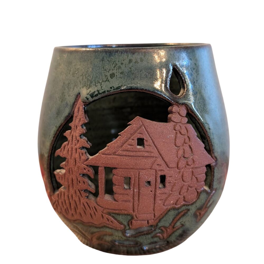 Signed RM Pottery Luminary Candle Holder Green W/ Brown Cut Out Cabincore Design